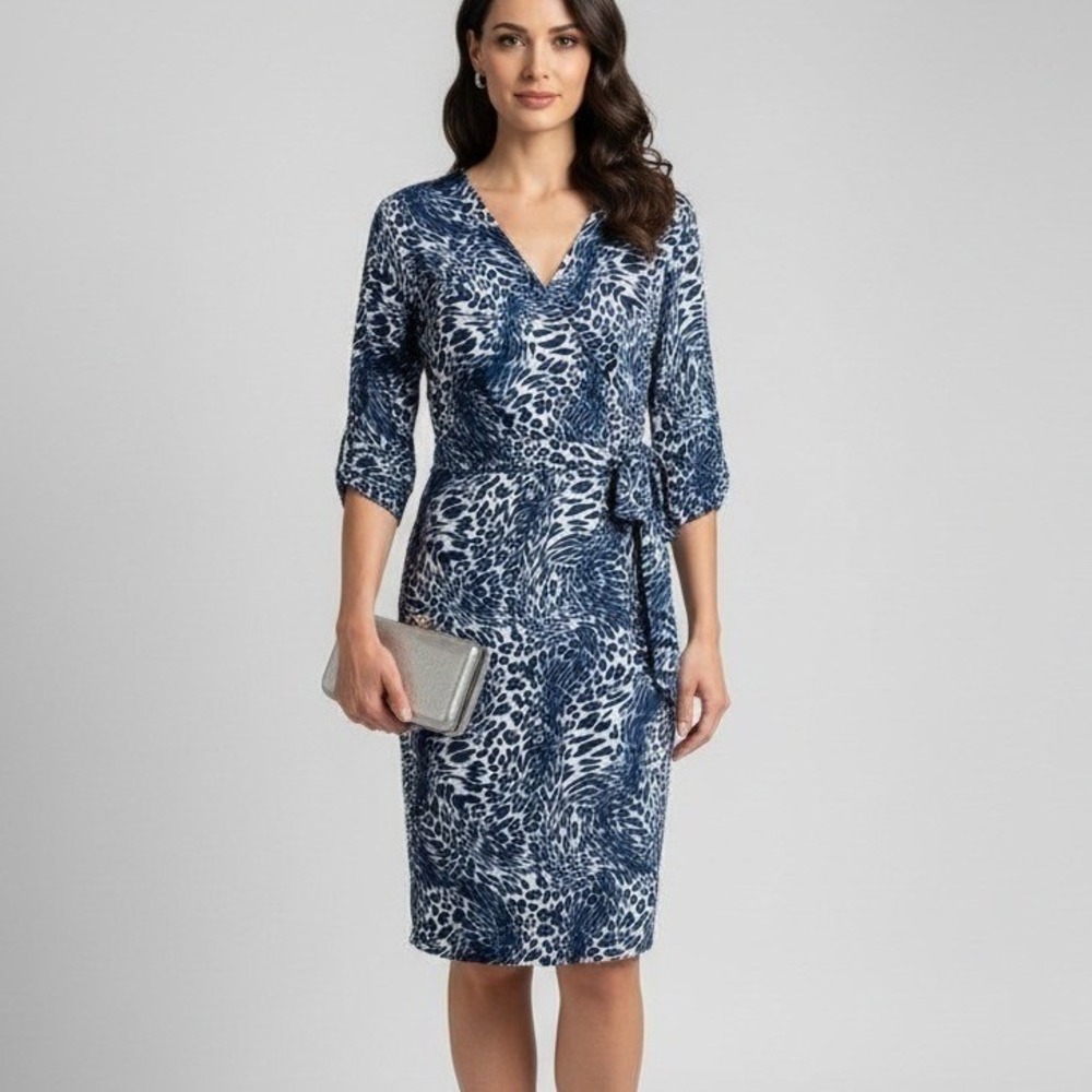 Berydress‎ Blue White Animal Print Wrap Dress Sz Large 3/4 Sleeve Women's Midi